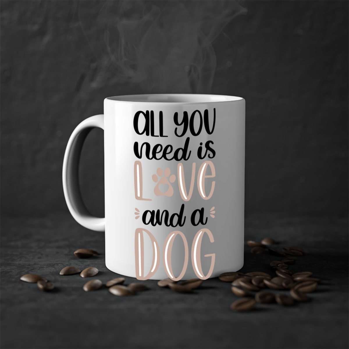 All You Need Is Love Style 36# Dog Mug with colorful handle and glossy finish, available in multiple colors and sizes.