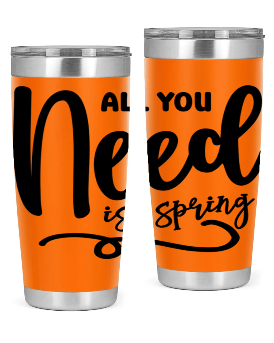 All You Need is Spring16# 20oz Tumbler in stainless steel with a drink-thru lid, showcasing its sleek design and double wall insulation.