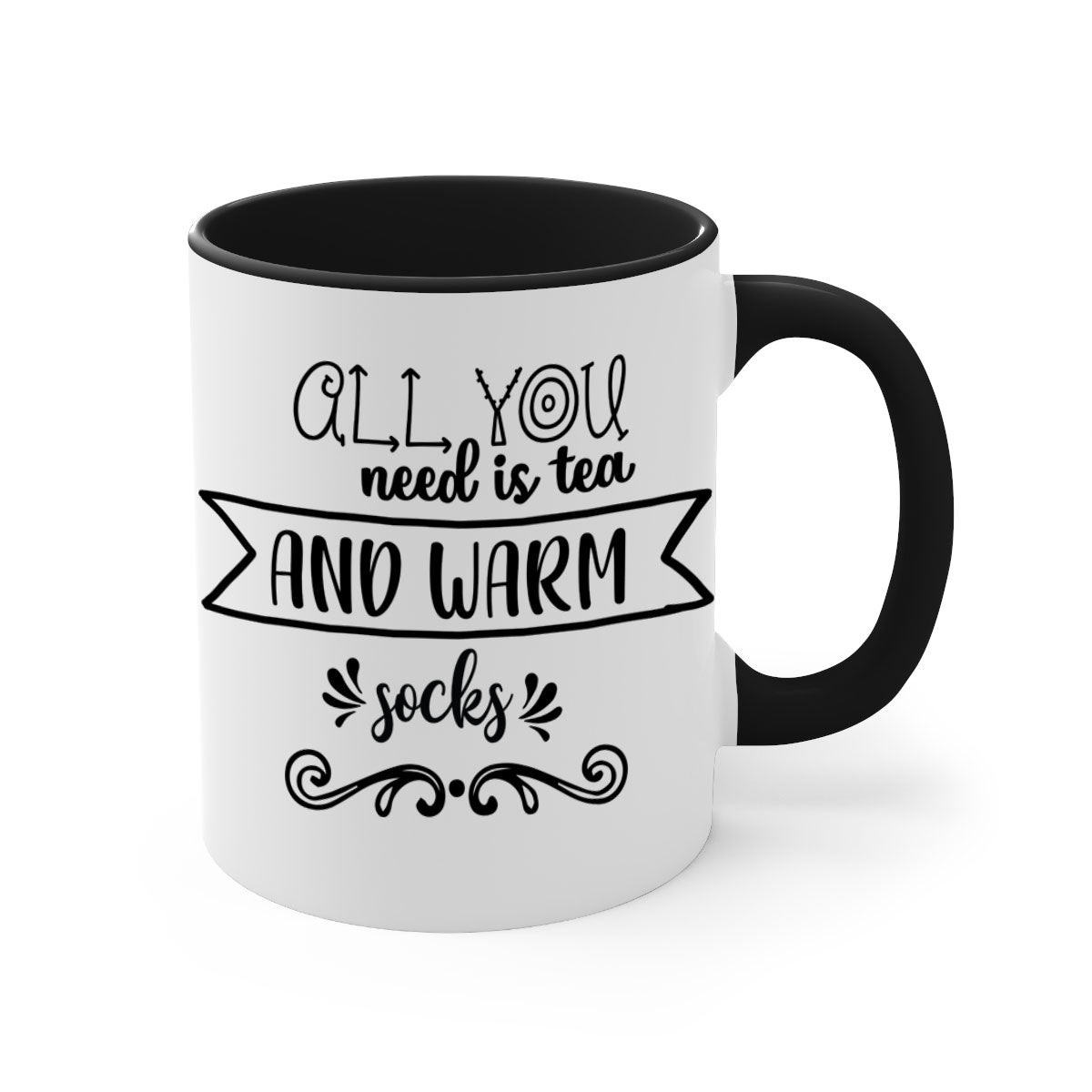 A stylish two-tone ceramic mug with a colored handle and interior, featuring the phrase 'All You Need is Tea and Warm Socks'.