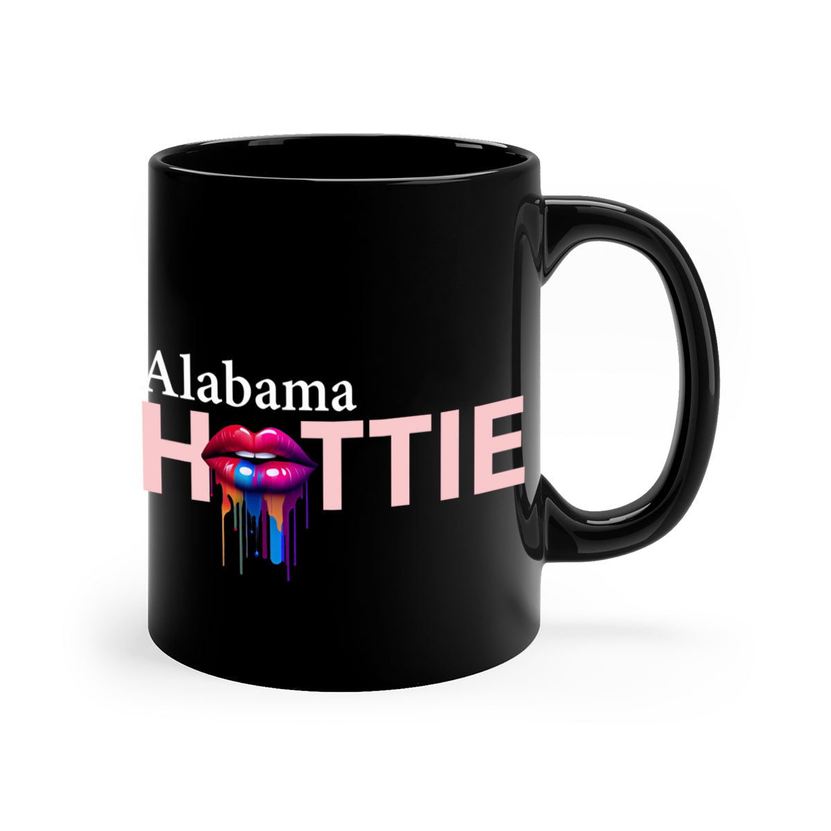 Alabama Hottie Mug featuring dripping lips design with colorful handle and glossy finish, available in multiple sizes.