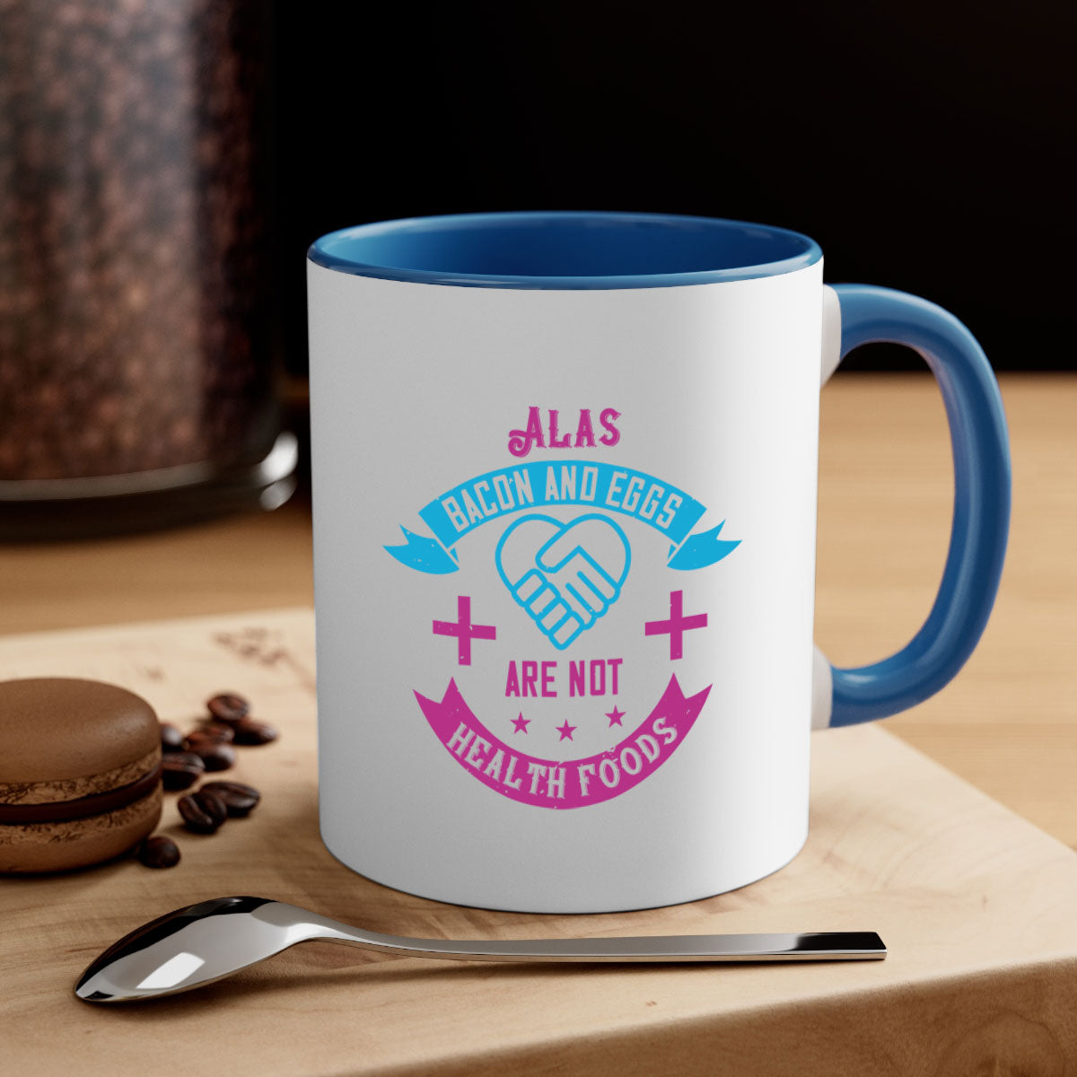 Alas bacon and eggs mug with colorful handle and glossy finish, available in multiple sizes.