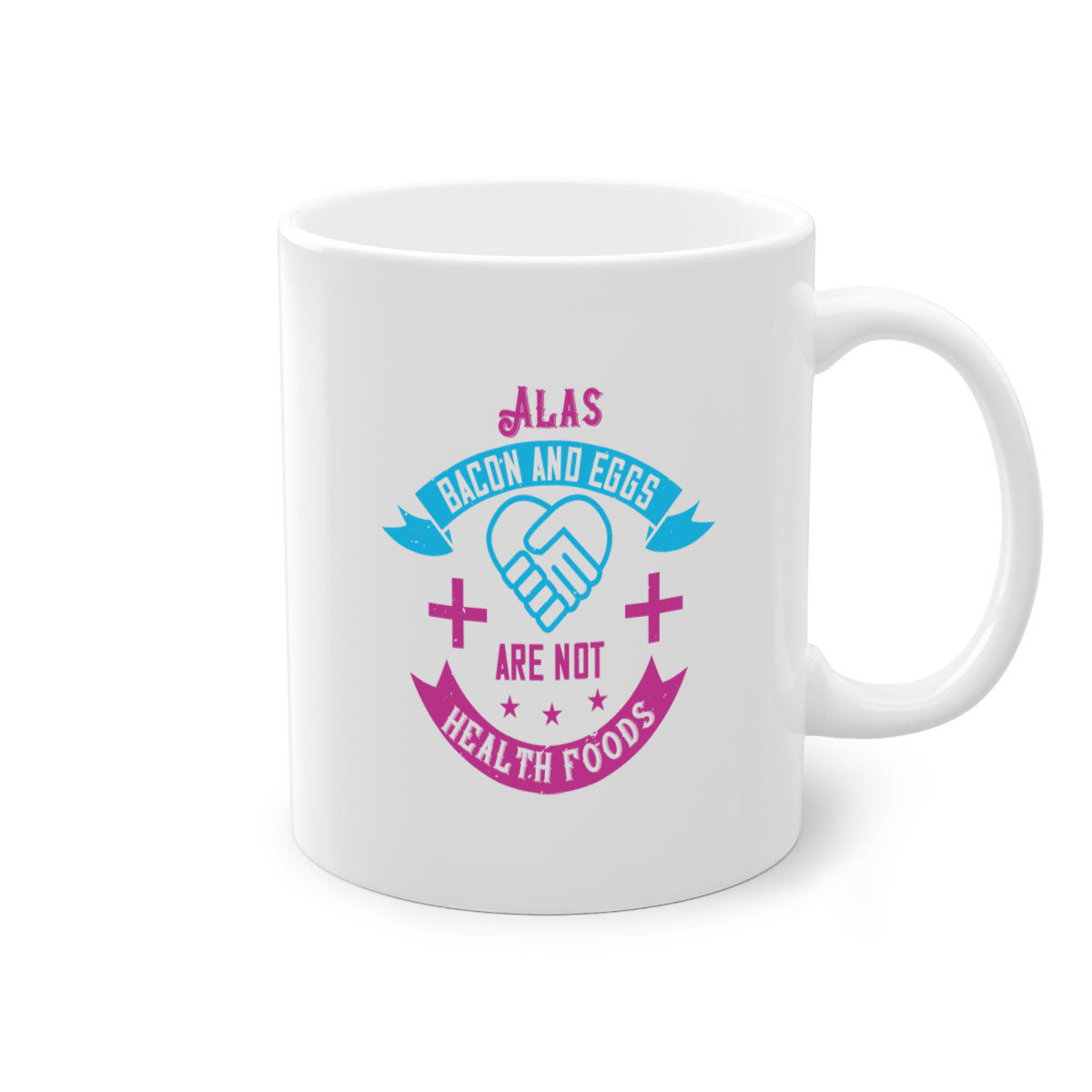 Alas bacon and eggs mug with colorful handle and glossy finish, available in multiple sizes.