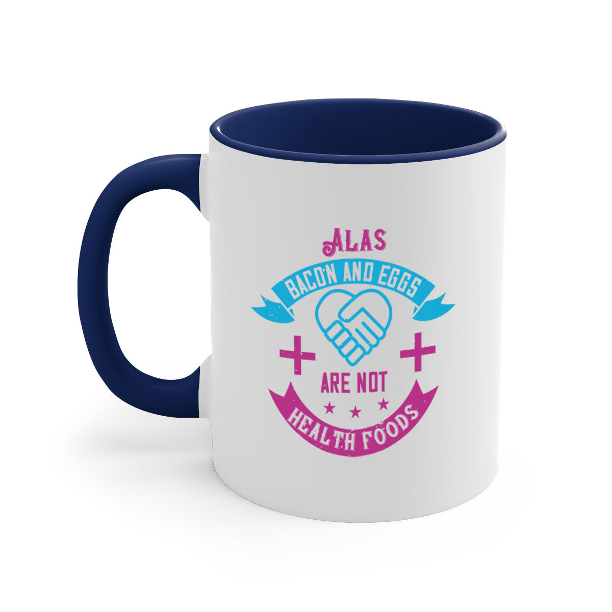 Alas bacon and eggs mug with colorful handle and glossy finish, available in multiple sizes.