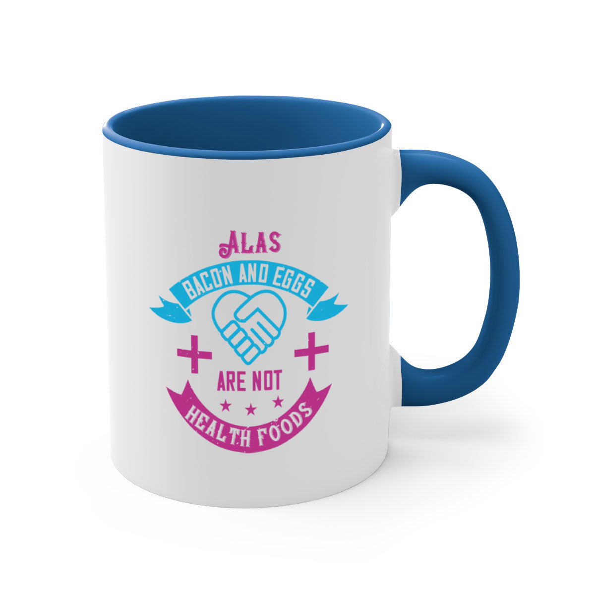 Alas bacon and eggs mug with colorful handle and glossy finish, available in multiple sizes.