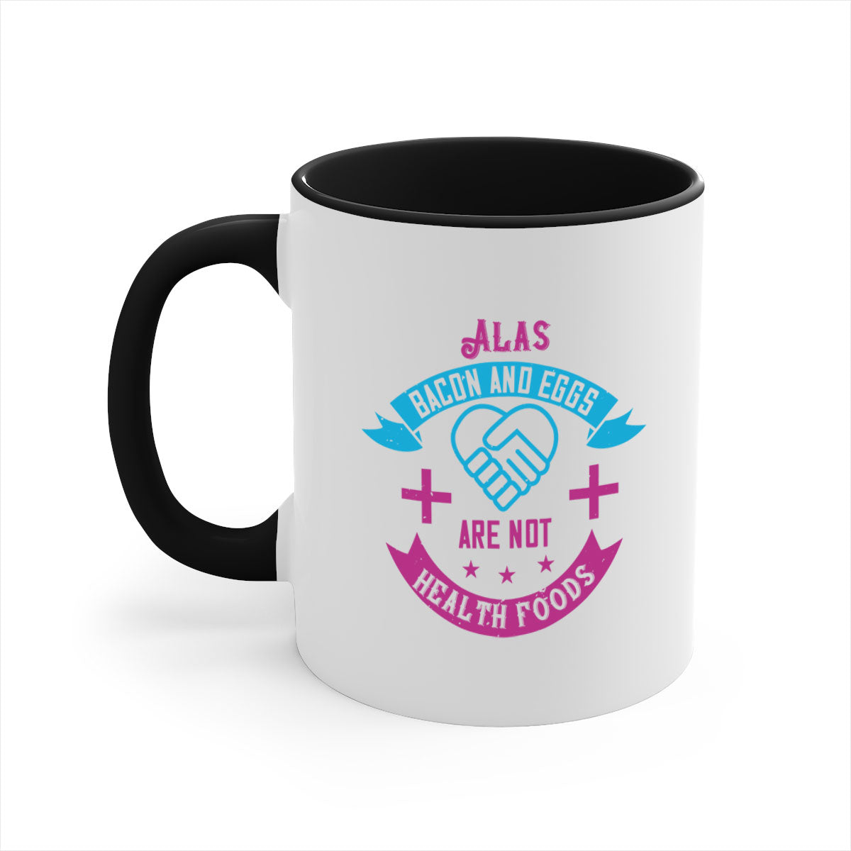 Alas bacon and eggs mug with colorful handle and glossy finish, available in multiple sizes.