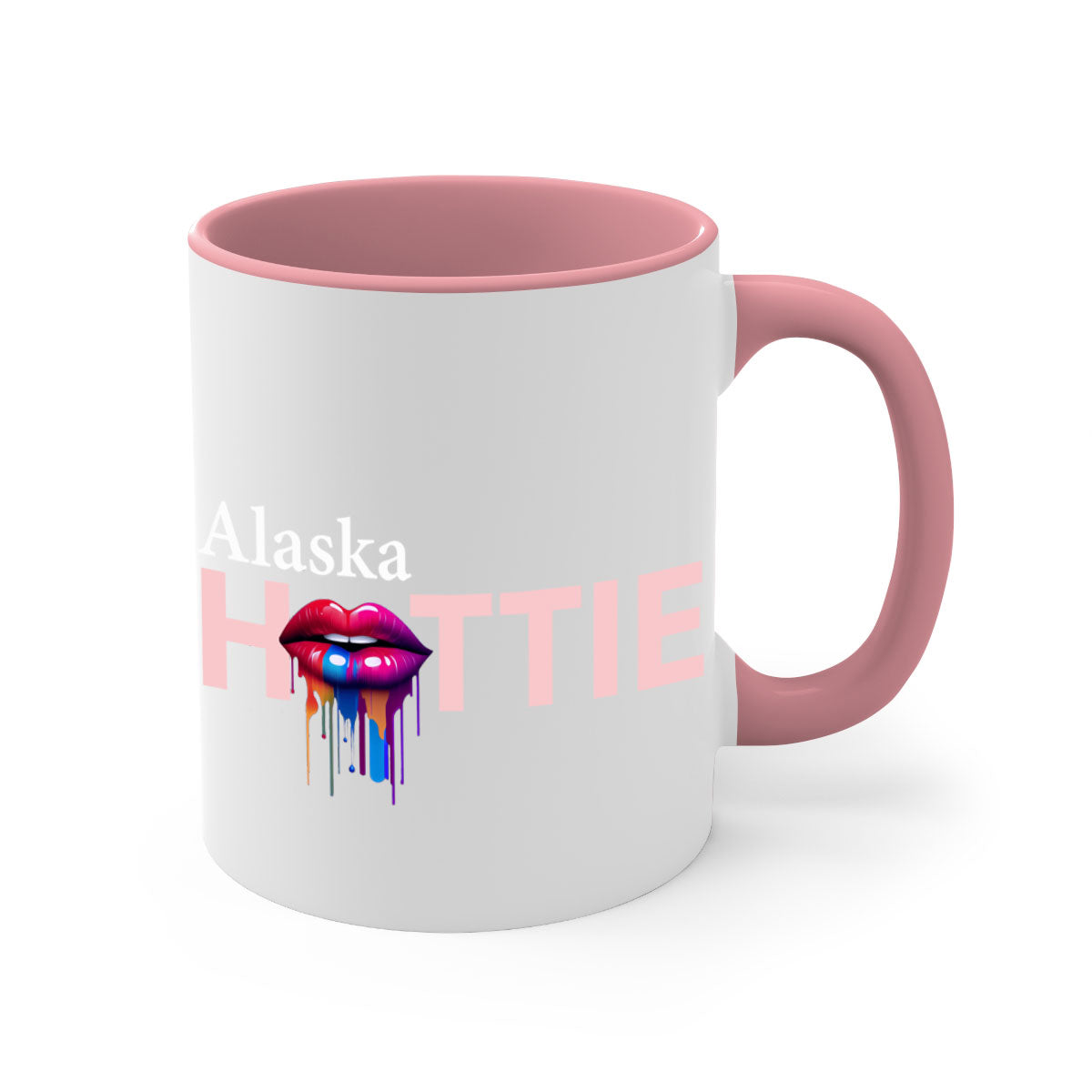 Alaska Hottie Mug with dripping lips design, showcasing a glossy finish and colorful handle.