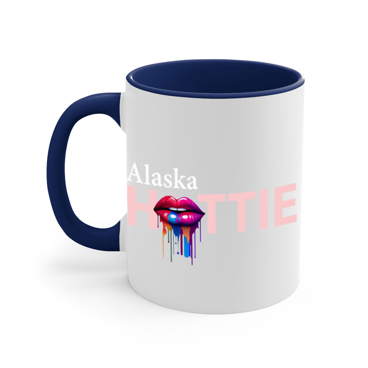 Alaska Hottie Mug with dripping lips design, showcasing a glossy finish and colorful handle.