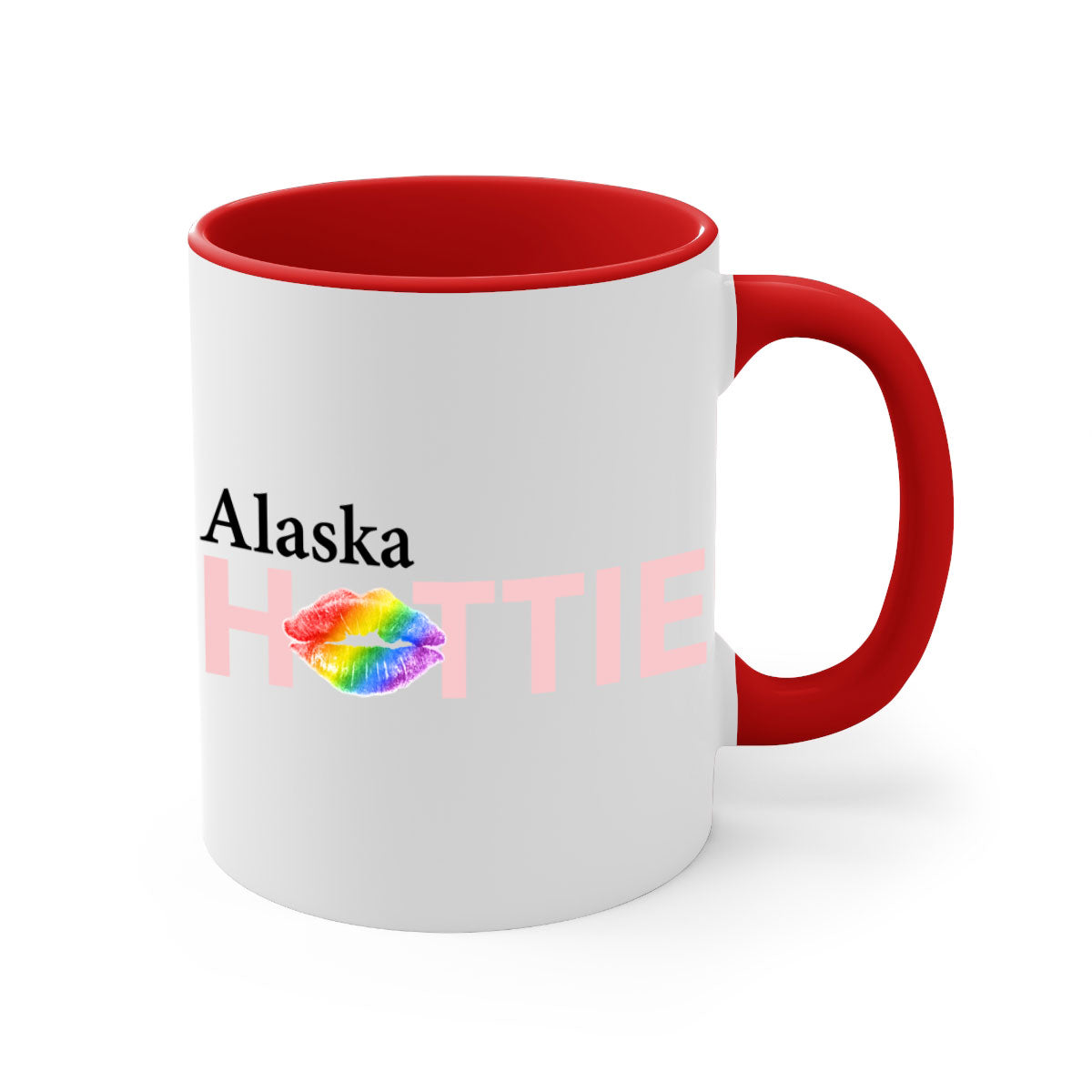 Alaska Hottie Mug featuring rainbow lips design with a glossy finish and colored handle.