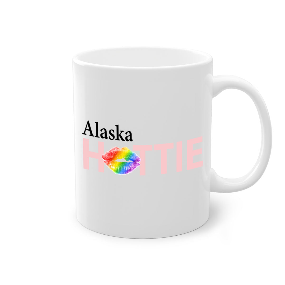 Alaska Hottie Mug featuring rainbow lips design with a glossy finish and colored handle.