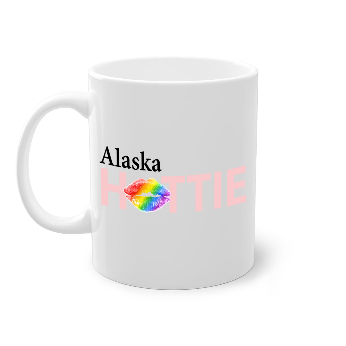 Alaska Hottie Mug featuring rainbow lips design with a glossy finish and colored handle.