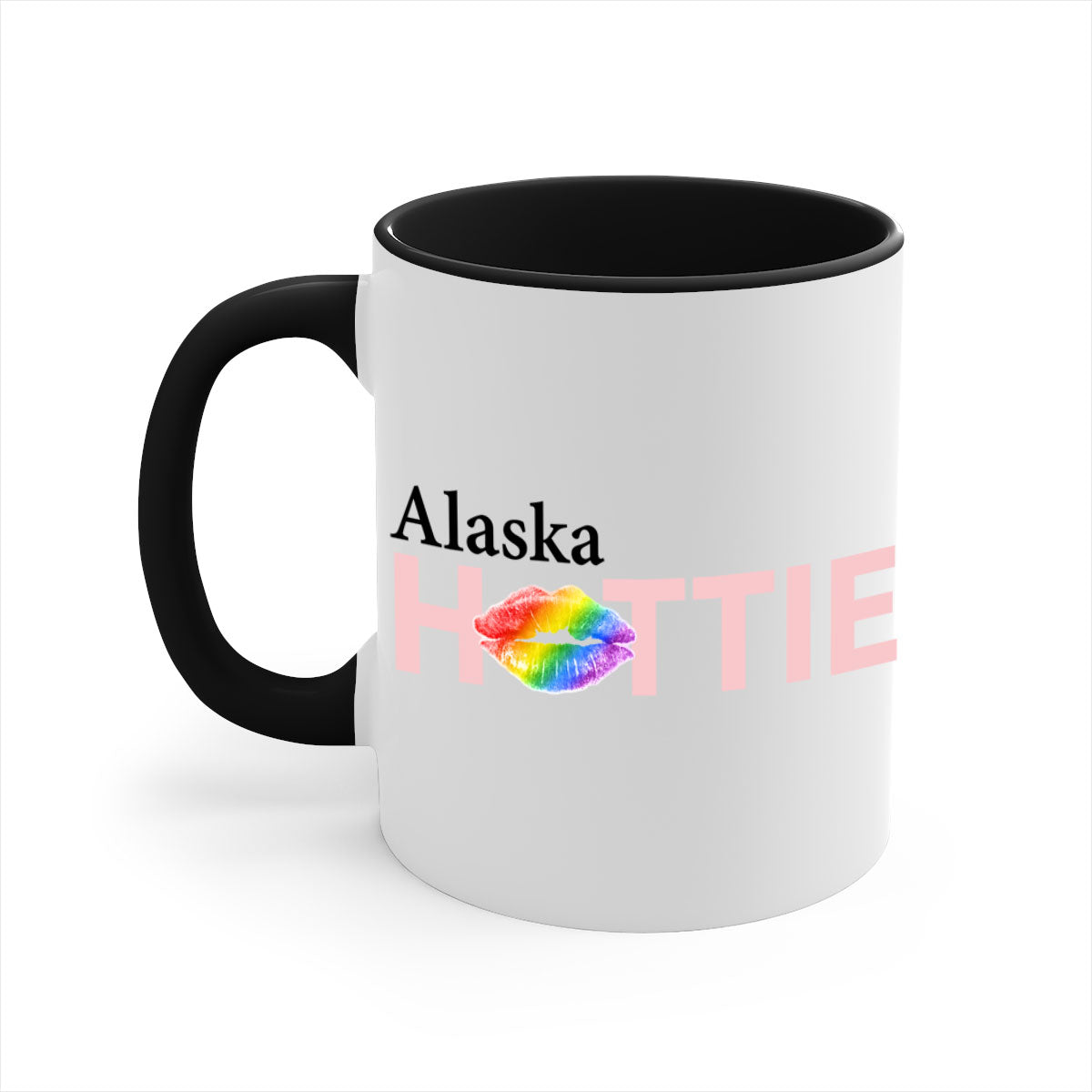 Alaska Hottie Mug featuring rainbow lips design with a glossy finish and colored handle.