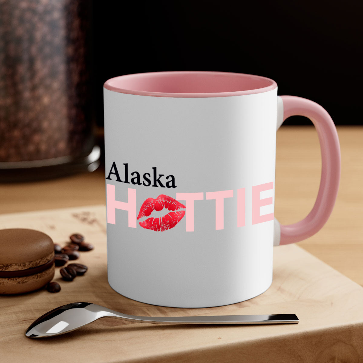 Alaska Hottie With Red Lips Mug featuring a glossy finish and colorful handle, perfect for coffee and tea lovers.