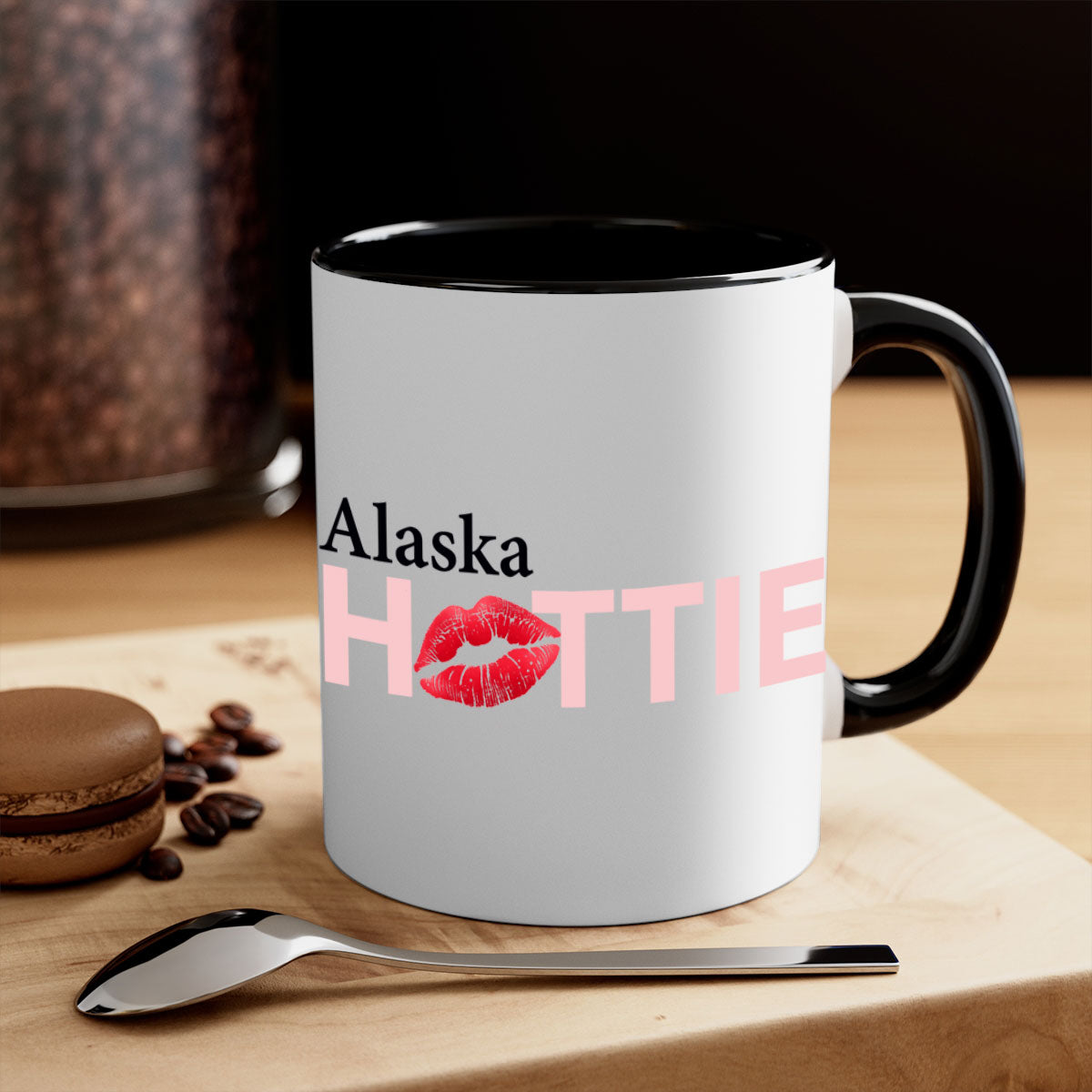 Alaska Hottie With Red Lips Mug featuring a glossy finish and colorful handle, perfect for coffee and tea lovers.