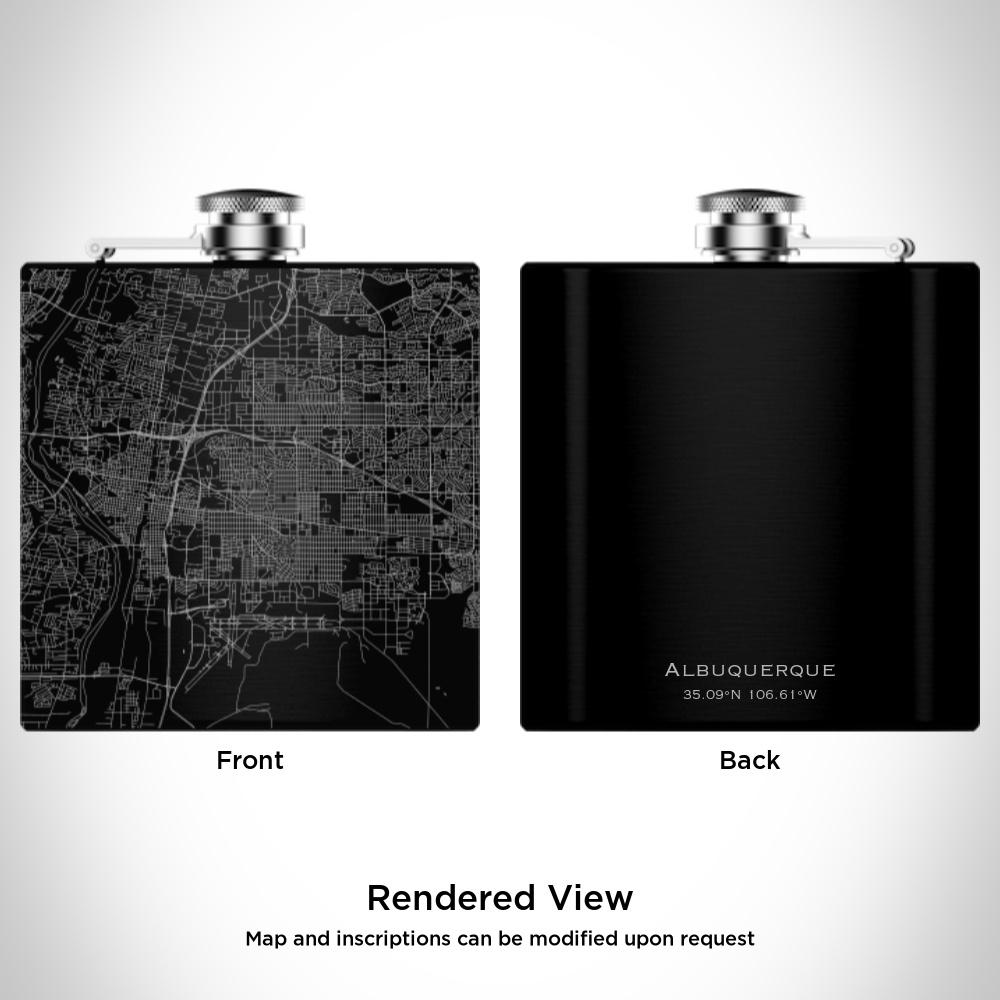 Matte black hip flask featuring a custom engraved map of Albuquerque, New Mexico, with coordinates, alongside a canvas bag and funnel.