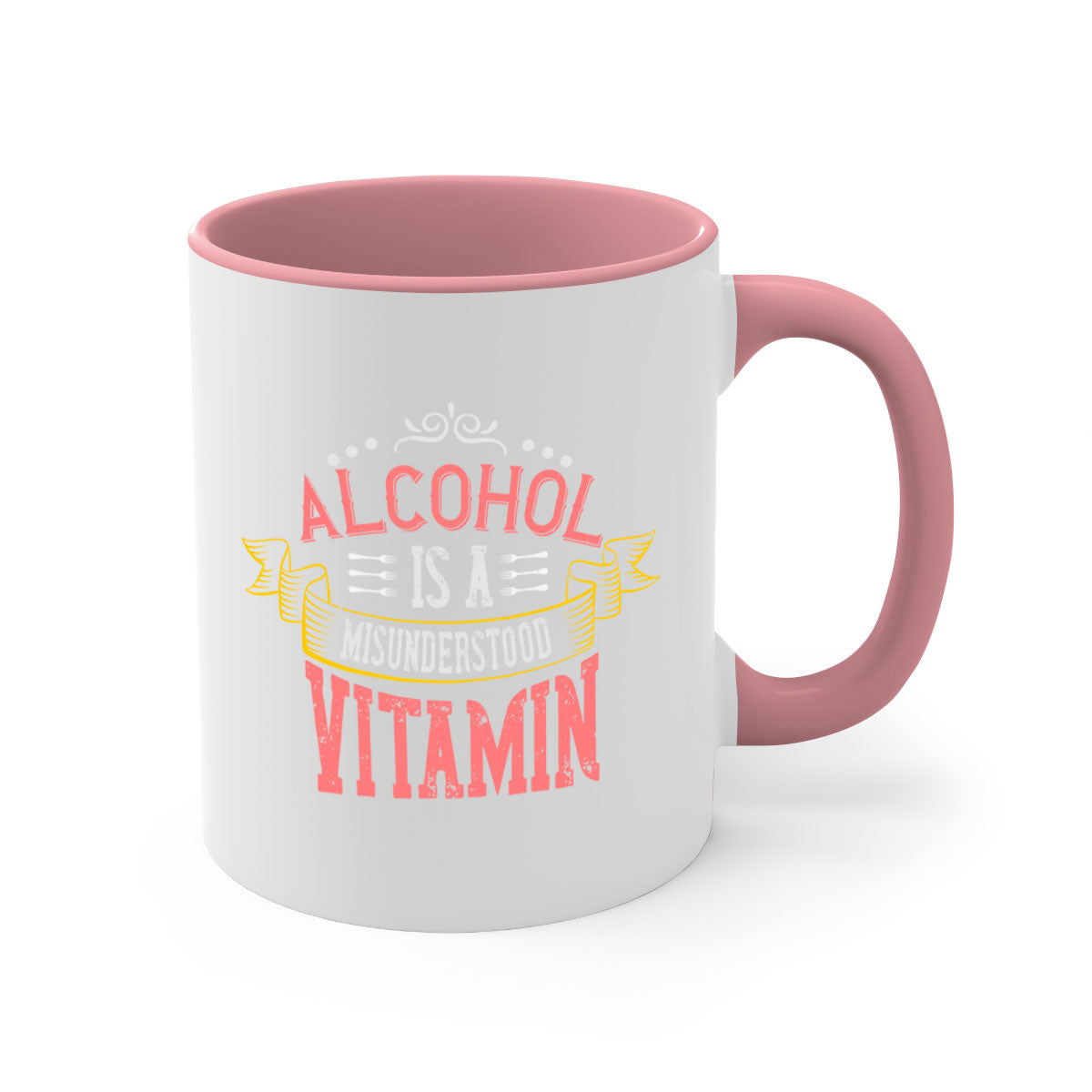 A stylish two-tone coffee mug with a colored handle and glossy finish, featuring the phrase 'Alcohol is a Misunderstood Vitamin'.