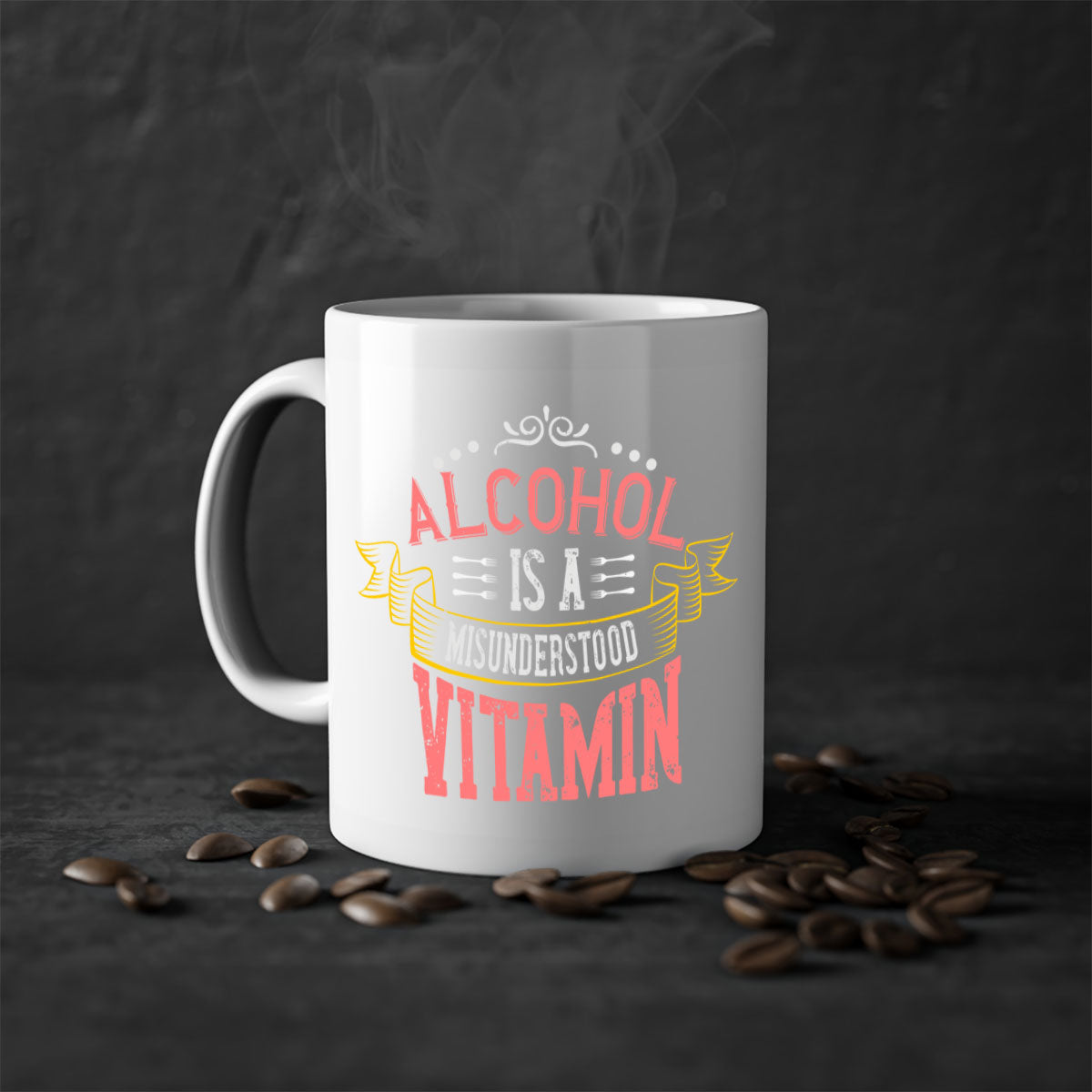 A stylish two-tone coffee mug with a colored handle and glossy finish, featuring the phrase 'Alcohol is a Misunderstood Vitamin'.