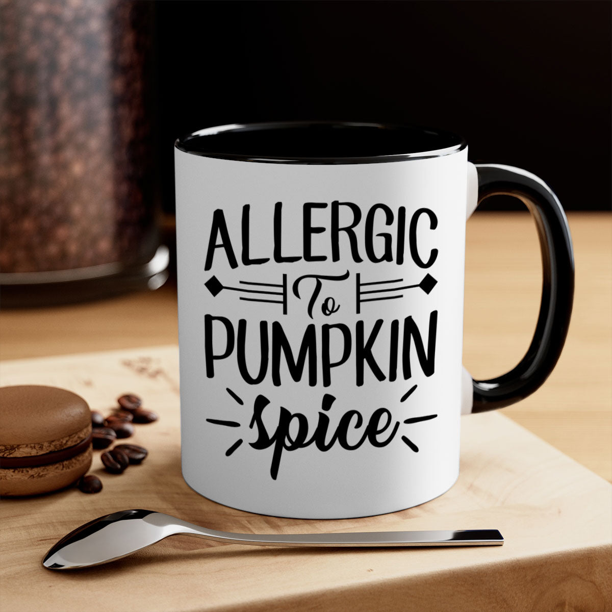 Allergic to Pumpkin Spice Mug with colorful handle and glossy finish, available in multiple colors and sizes.