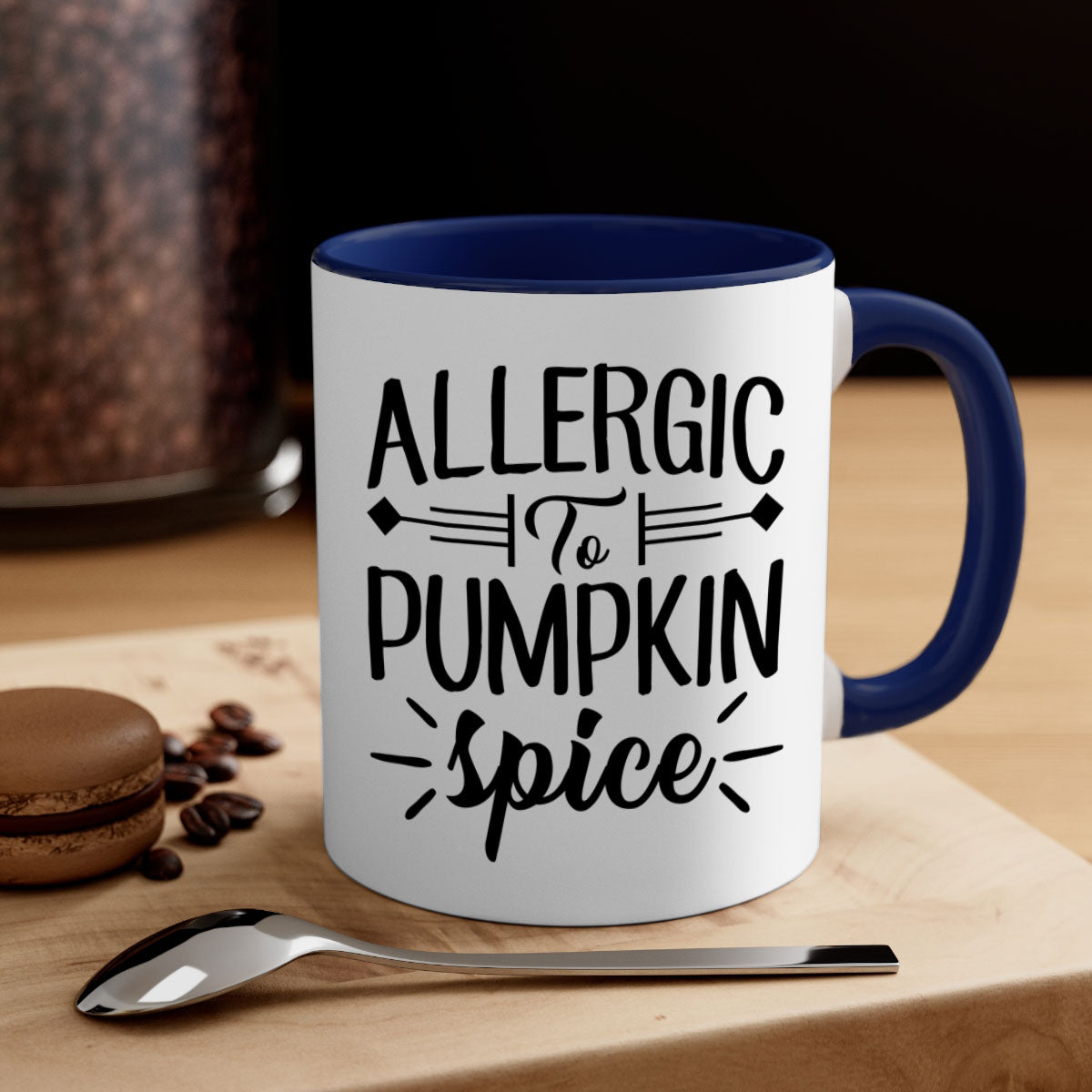 Allergic to Pumpkin Spice Mug with colorful handle and glossy finish, available in multiple colors and sizes.