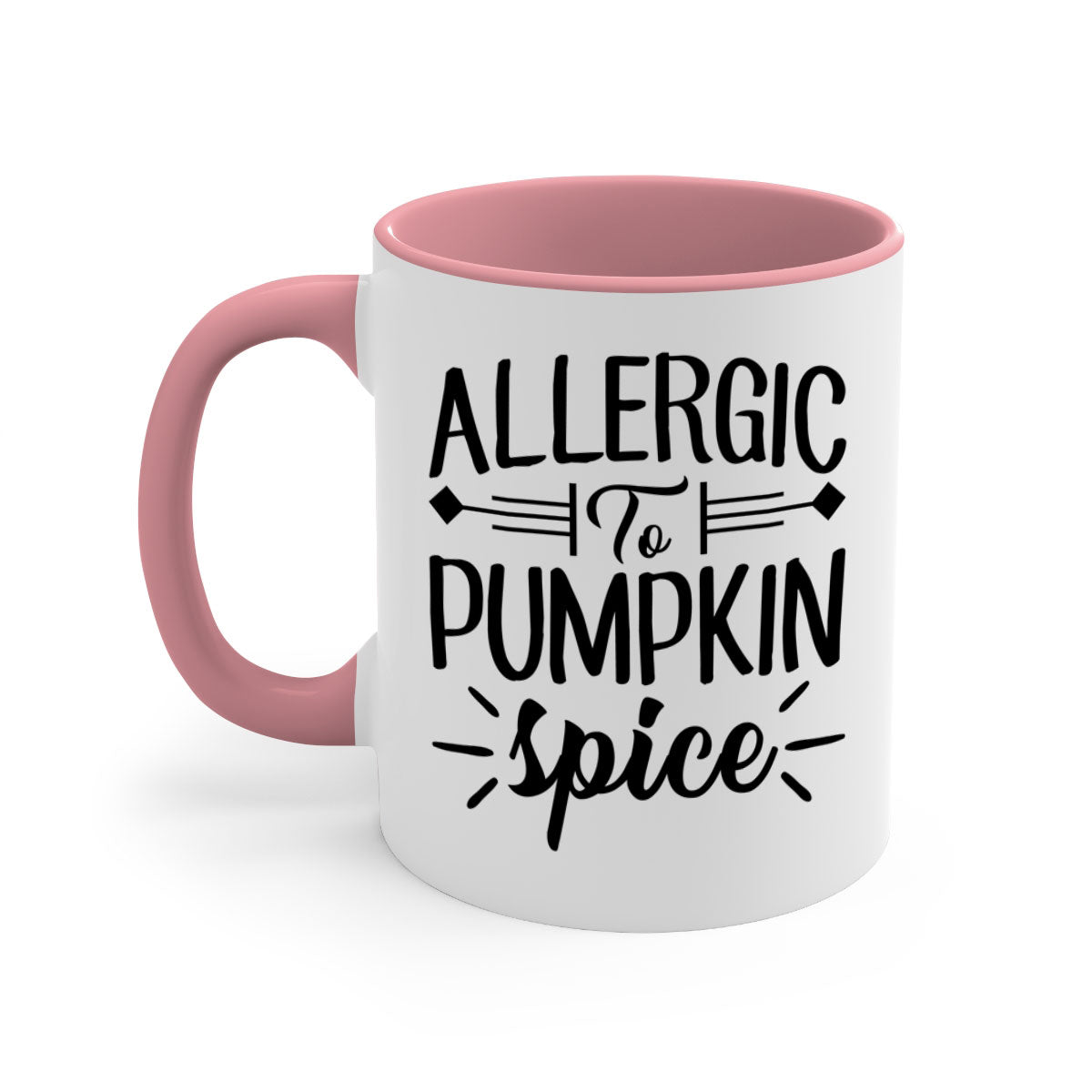 Allergic to Pumpkin Spice Mug with colorful handle and glossy finish, available in multiple colors and sizes.