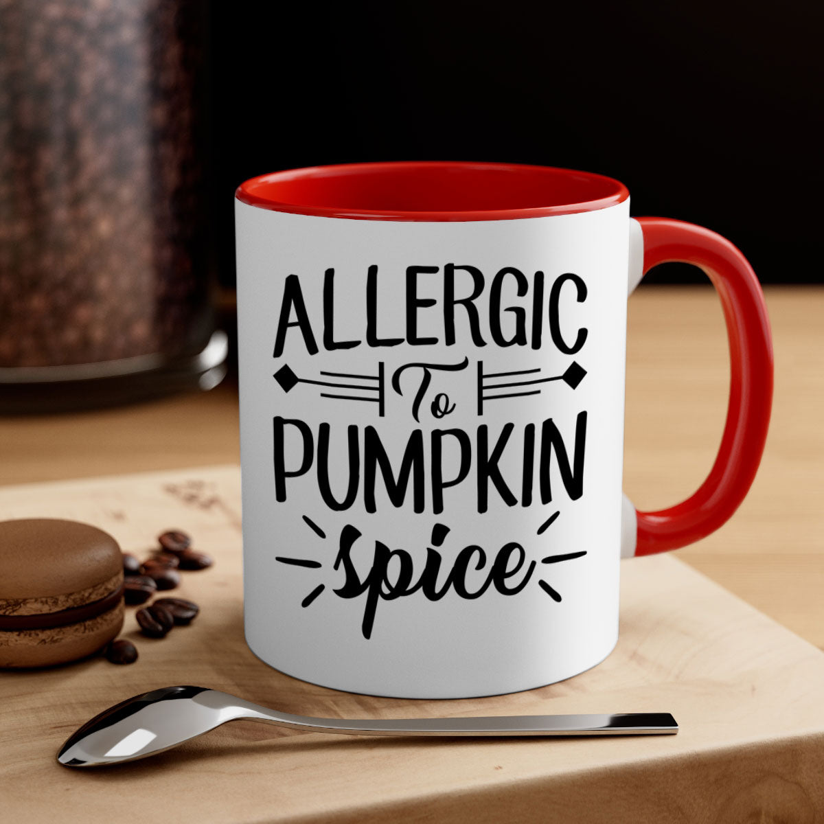 Allergic to Pumpkin Spice Mug with colorful handle and glossy finish, available in multiple colors and sizes.
