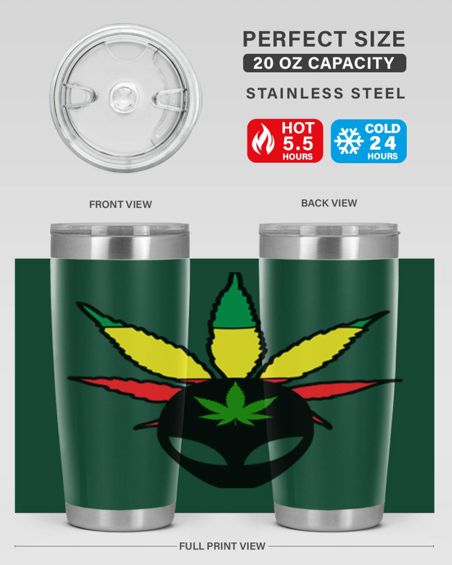 Alien Cannabis 10# Tumbler, a stylish 20oz double wall vacuum stainless steel drinkware with a copper lining and drink-thru lid.