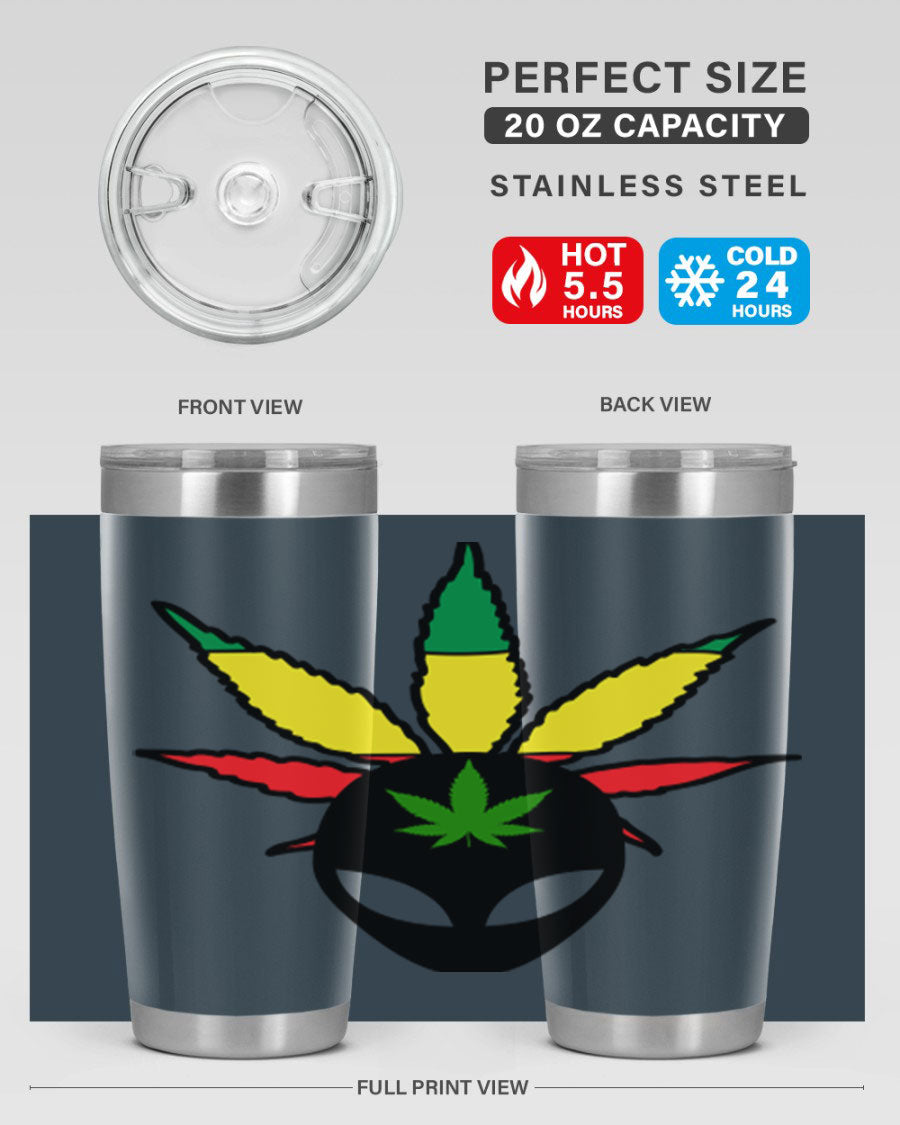 Alien Cannabis 10# Tumbler, a stylish 20oz double wall vacuum stainless steel drinkware with a copper lining and drink-thru lid.