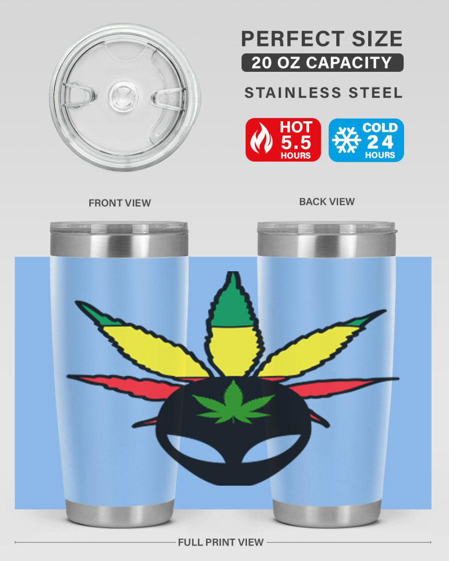 Alien Cannabis 10# Tumbler, a stylish 20oz double wall vacuum stainless steel drinkware with a copper lining and drink-thru lid.