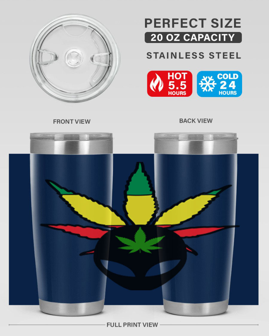 Alien Cannabis 10# Tumbler, a stylish 20oz double wall vacuum stainless steel drinkware with a copper lining and drink-thru lid.