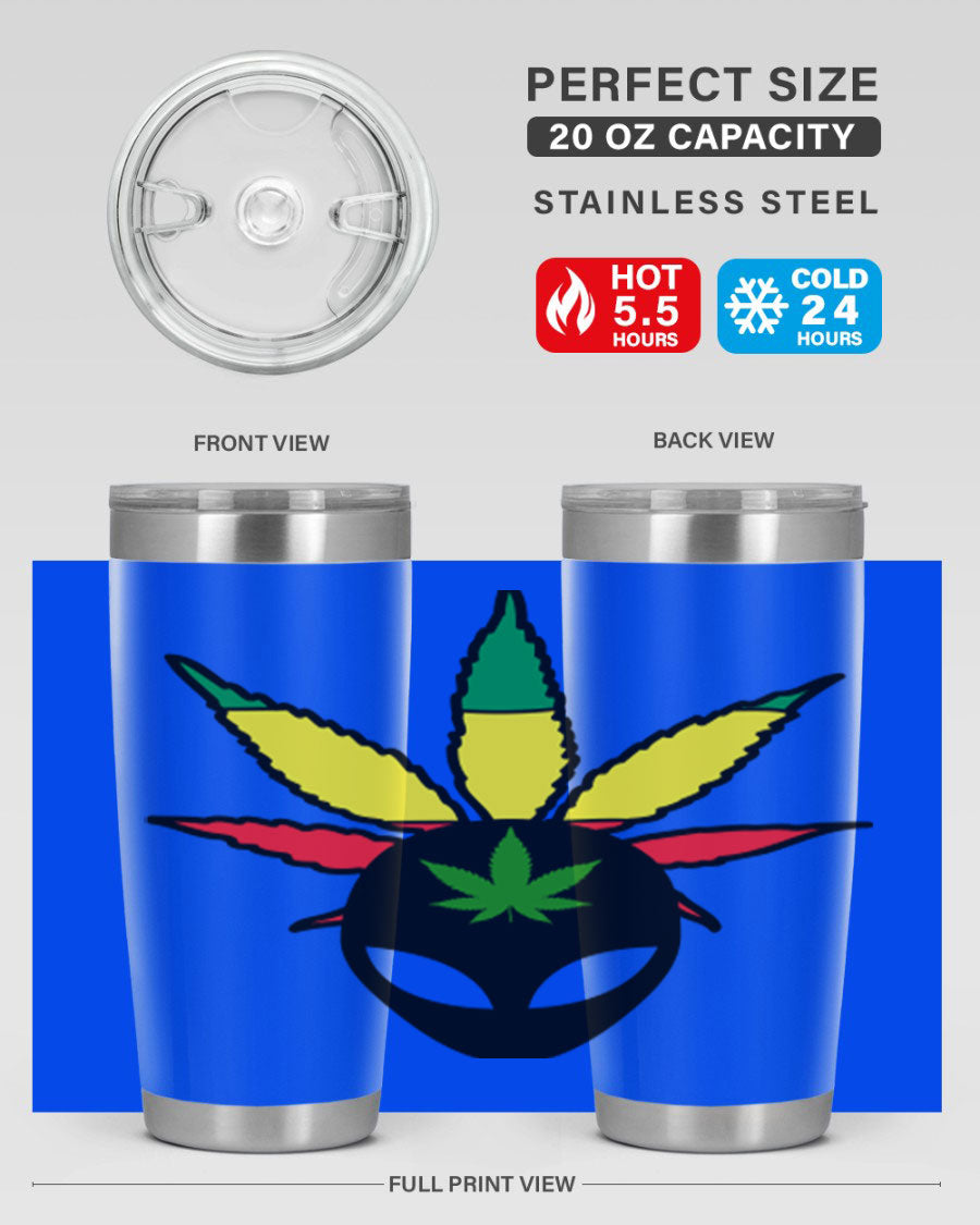 Alien Cannabis 10# Tumbler, a stylish 20oz double wall vacuum stainless steel drinkware with a copper lining and drink-thru lid.