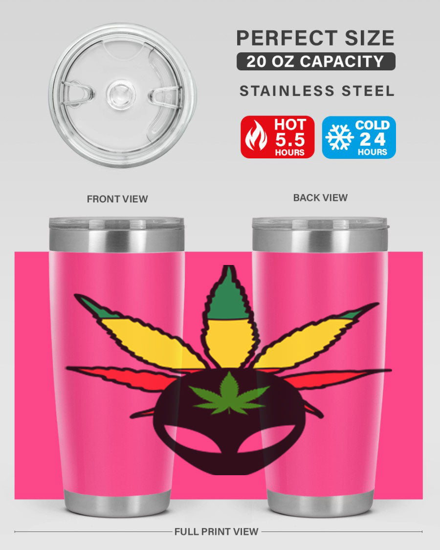 Alien Cannabis 10# Tumbler, a stylish 20oz double wall vacuum stainless steel drinkware with a copper lining and drink-thru lid.