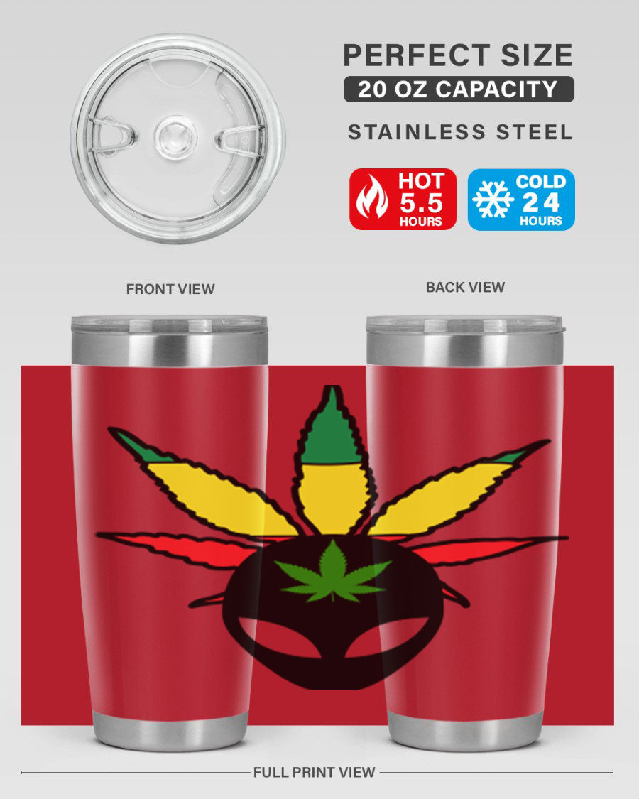 Alien Cannabis 10# Tumbler, a stylish 20oz double wall vacuum stainless steel drinkware with a copper lining and drink-thru lid.