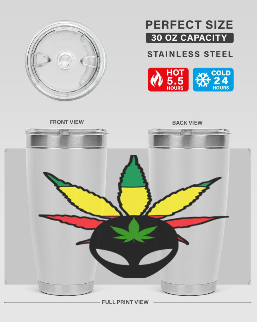 Alien Cannabis 10# Tumbler, a stylish 20oz double wall vacuum stainless steel drinkware with a copper lining and drink-thru lid.