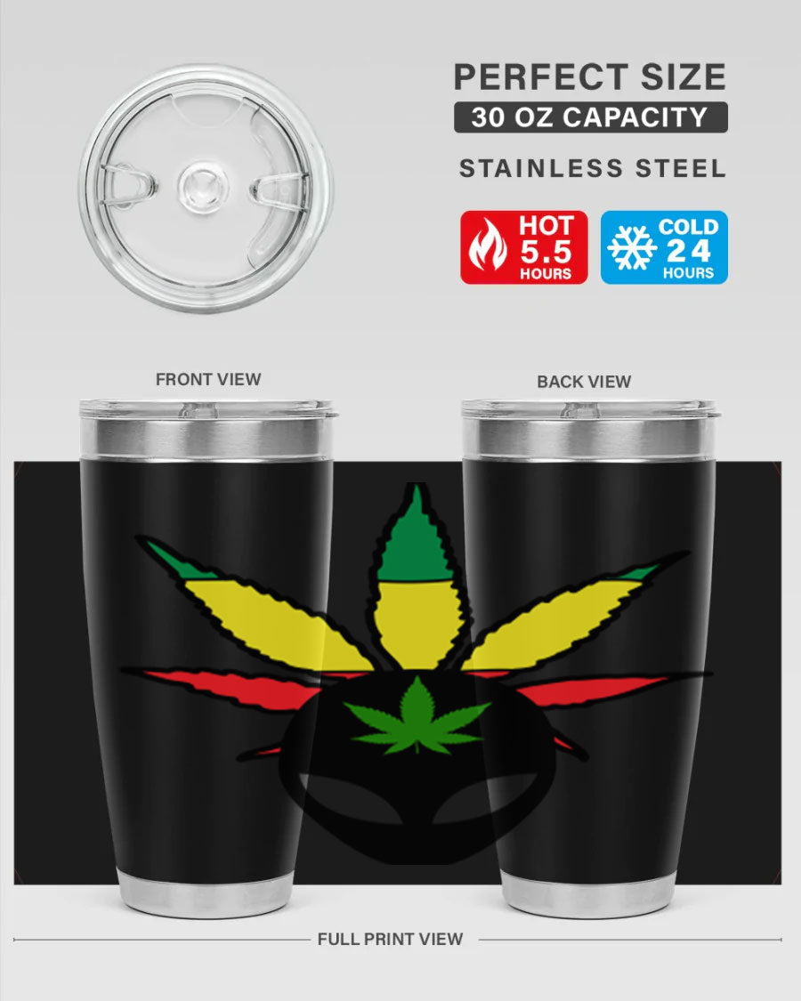 Alien Cannabis 10# Tumbler, a stylish 20oz double wall vacuum stainless steel drinkware with a copper lining and drink-thru lid.