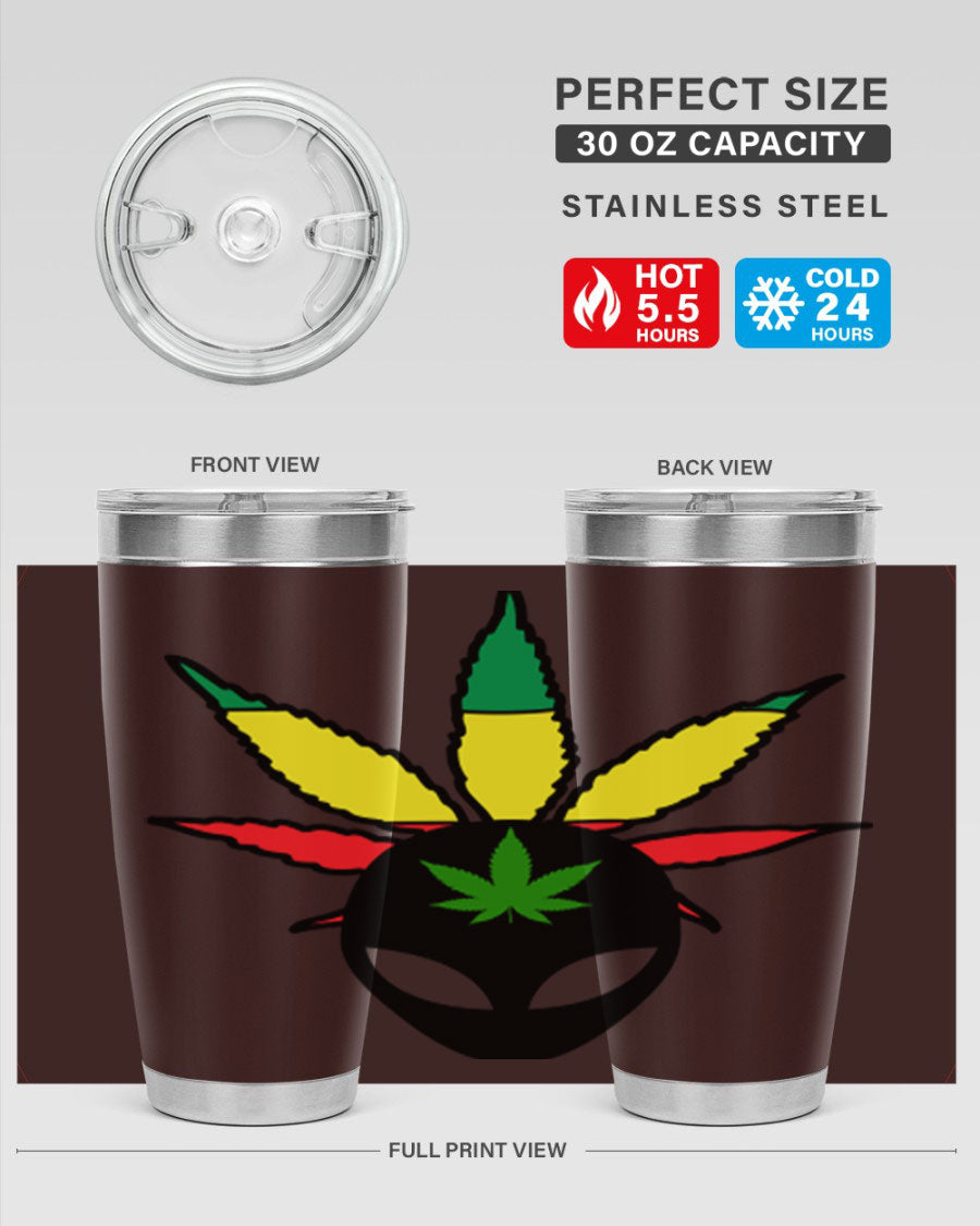 Alien Cannabis 10# Tumbler, a stylish 20oz double wall vacuum stainless steel drinkware with a copper lining and drink-thru lid.