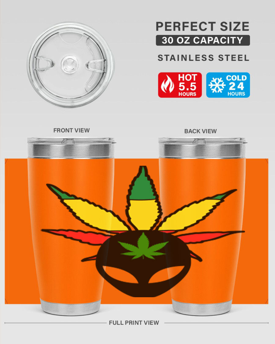 Alien Cannabis 10# Tumbler, a stylish 20oz double wall vacuum stainless steel drinkware with a copper lining and drink-thru lid.