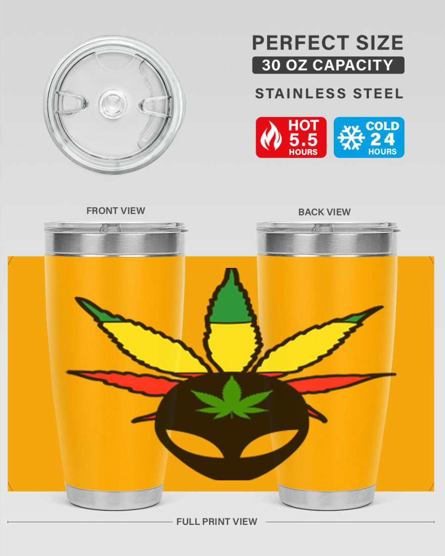 Alien Cannabis 10# Tumbler, a stylish 20oz double wall vacuum stainless steel drinkware with a copper lining and drink-thru lid.