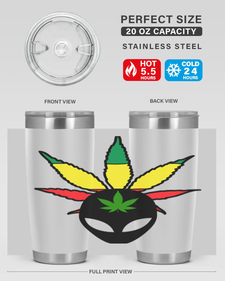 Alien Cannabis 10# Tumbler, a stylish 20oz double wall vacuum stainless steel drinkware with a copper lining and drink-thru lid.