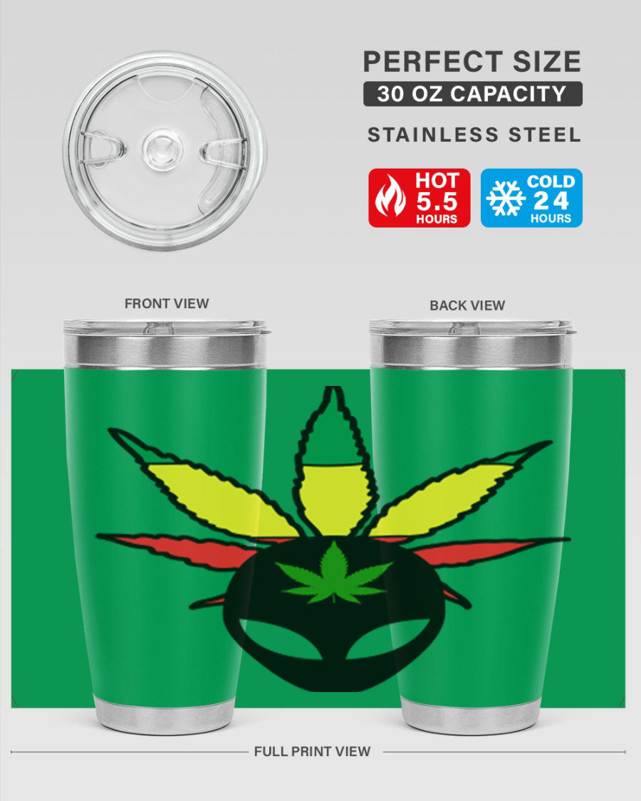 Alien Cannabis 10# Tumbler, a stylish 20oz double wall vacuum stainless steel drinkware with a copper lining and drink-thru lid.