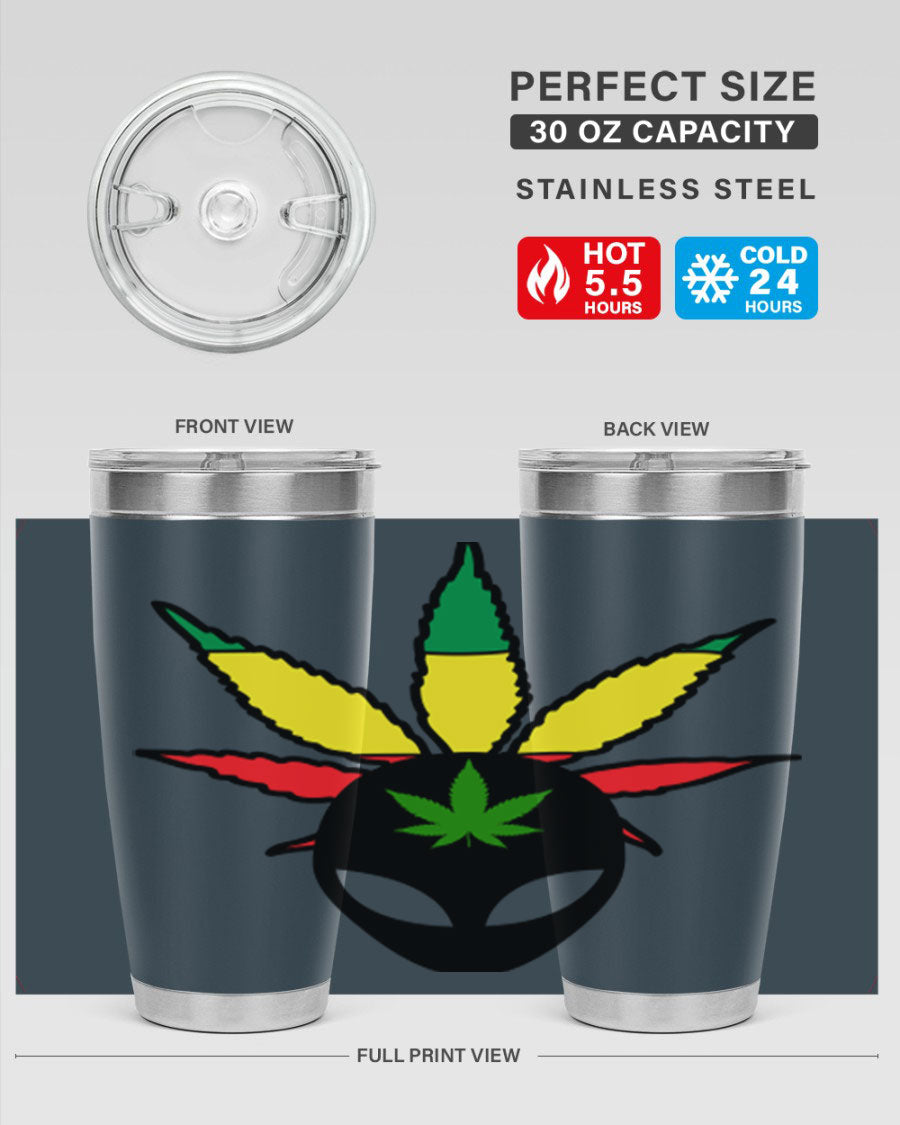 Alien Cannabis 10# Tumbler, a stylish 20oz double wall vacuum stainless steel drinkware with a copper lining and drink-thru lid.