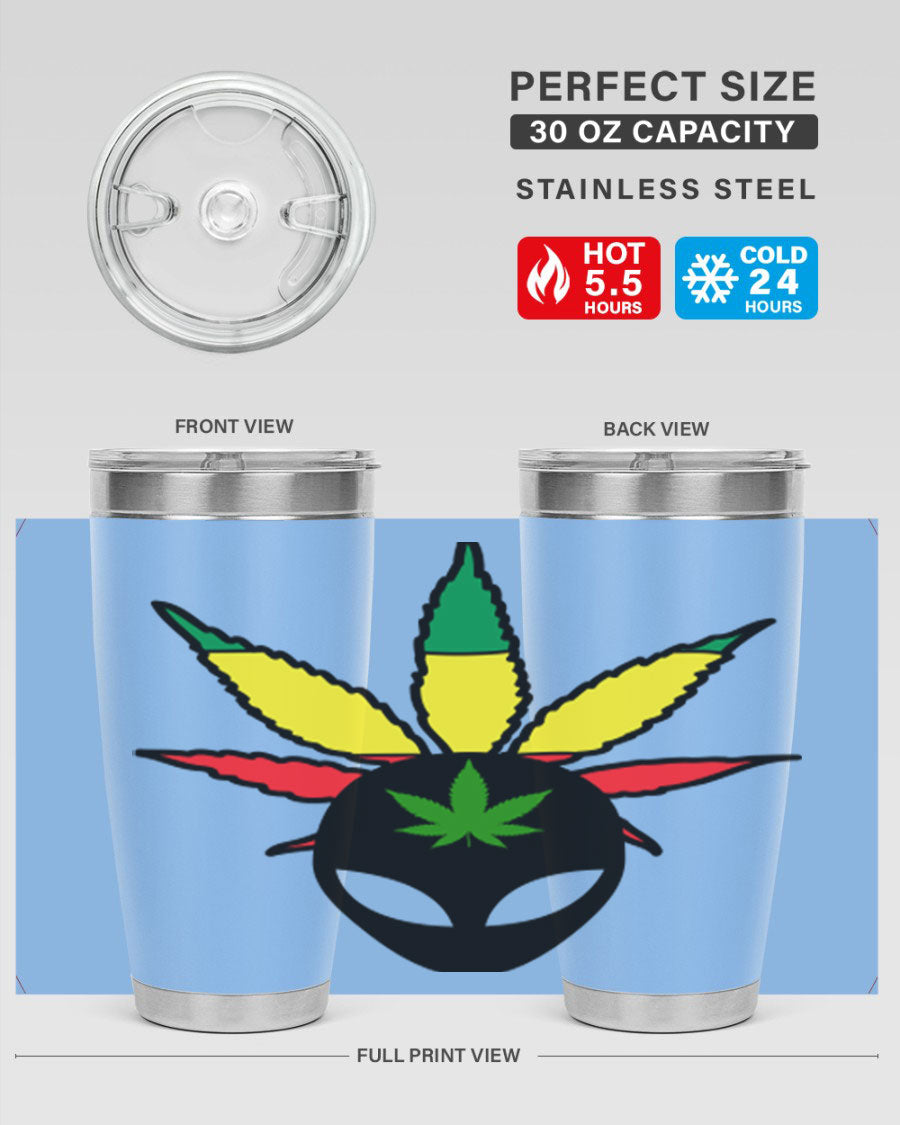 Alien Cannabis 10# Tumbler, a stylish 20oz double wall vacuum stainless steel drinkware with a copper lining and drink-thru lid.