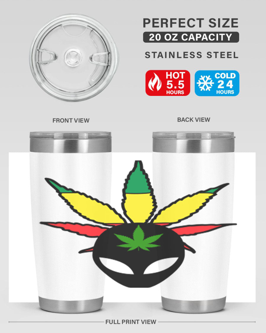Alien Cannabis 10# Tumbler, a stylish 20oz double wall vacuum stainless steel drinkware with a copper lining and drink-thru lid.