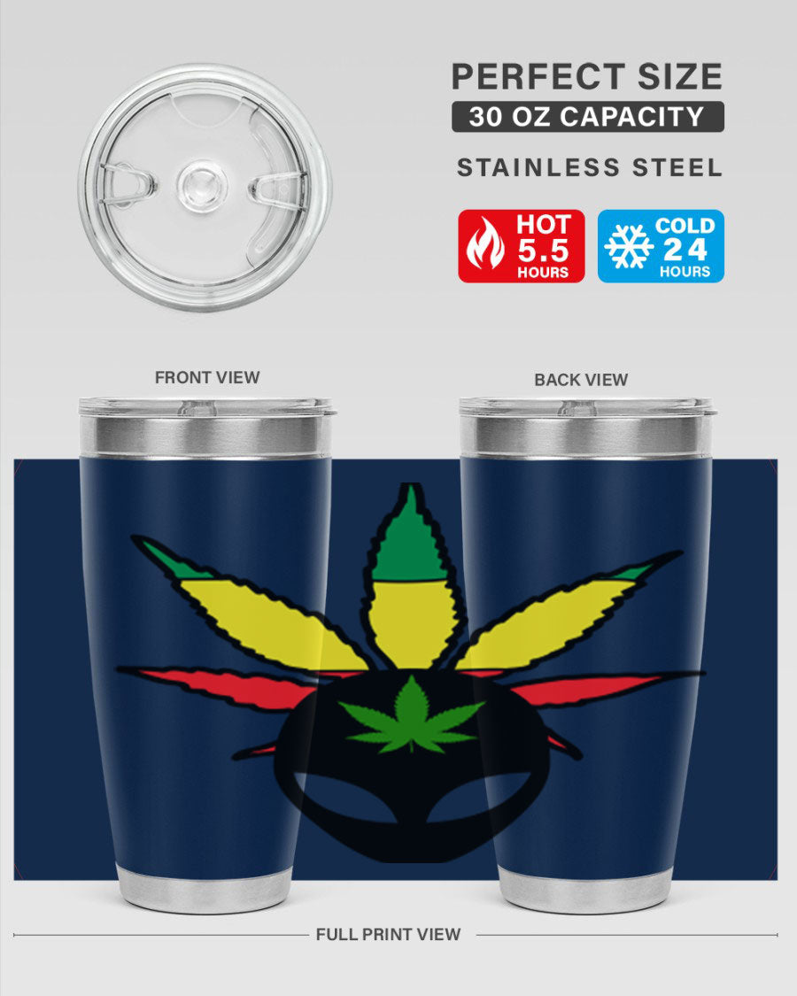 Alien Cannabis 10# Tumbler, a stylish 20oz double wall vacuum stainless steel drinkware with a copper lining and drink-thru lid.
