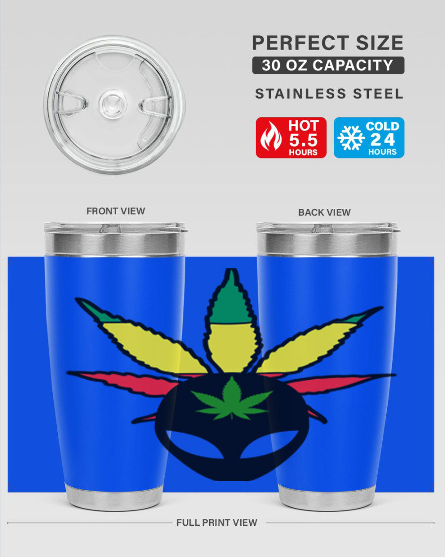 Alien Cannabis 10# Tumbler, a stylish 20oz double wall vacuum stainless steel drinkware with a copper lining and drink-thru lid.