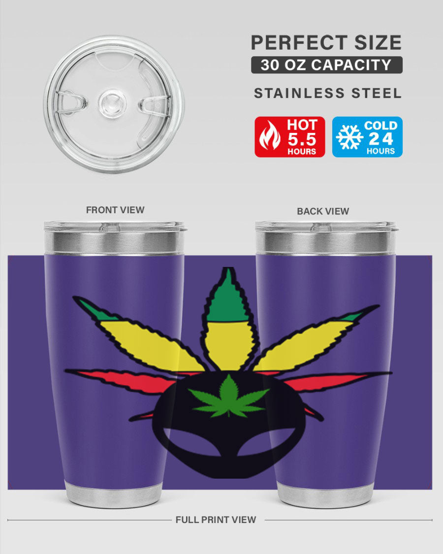 Alien Cannabis 10# Tumbler, a stylish 20oz double wall vacuum stainless steel drinkware with a copper lining and drink-thru lid.