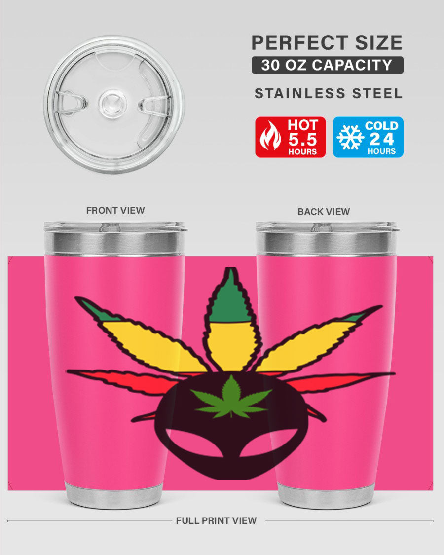 Alien Cannabis 10# Tumbler, a stylish 20oz double wall vacuum stainless steel drinkware with a copper lining and drink-thru lid.