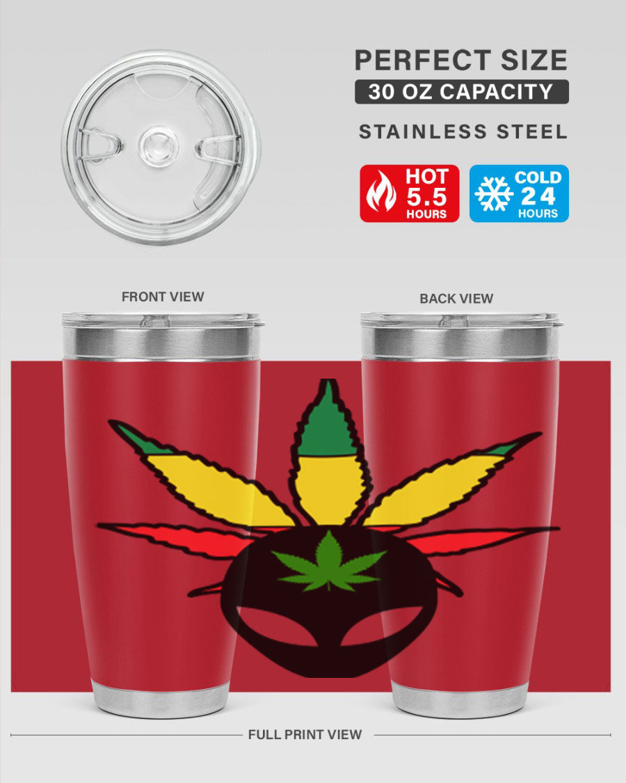 Alien Cannabis 10# Tumbler, a stylish 20oz double wall vacuum stainless steel drinkware with a copper lining and drink-thru lid.