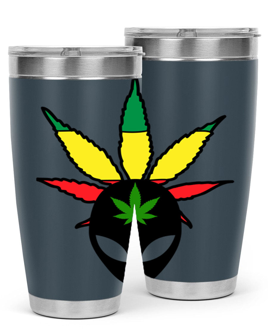 Alien Cannabis 10# Tumbler, a stylish 20oz double wall vacuum stainless steel drinkware with a copper lining and drink-thru lid.