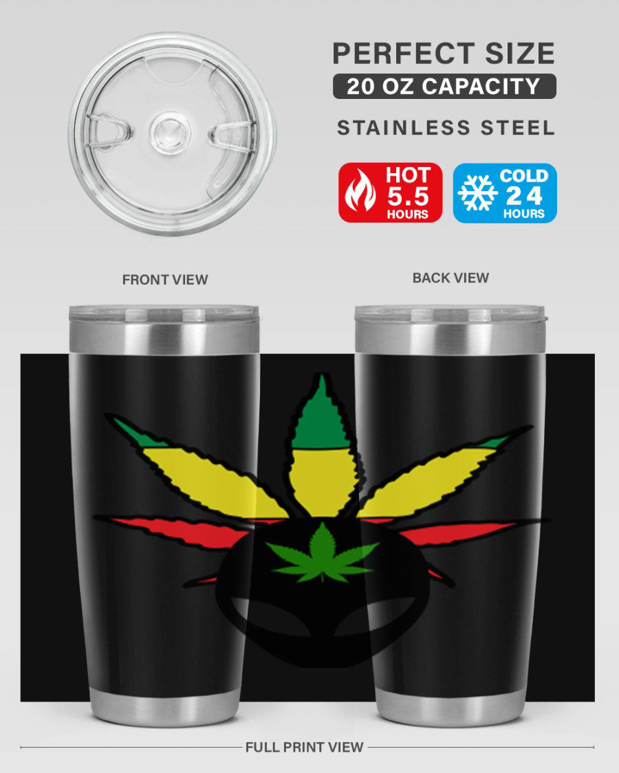 Alien Cannabis 10# Tumbler, a stylish 20oz double wall vacuum stainless steel drinkware with a copper lining and drink-thru lid.
