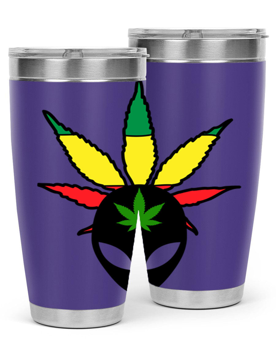 Alien Cannabis 10# Tumbler, a stylish 20oz double wall vacuum stainless steel drinkware with a copper lining and drink-thru lid.