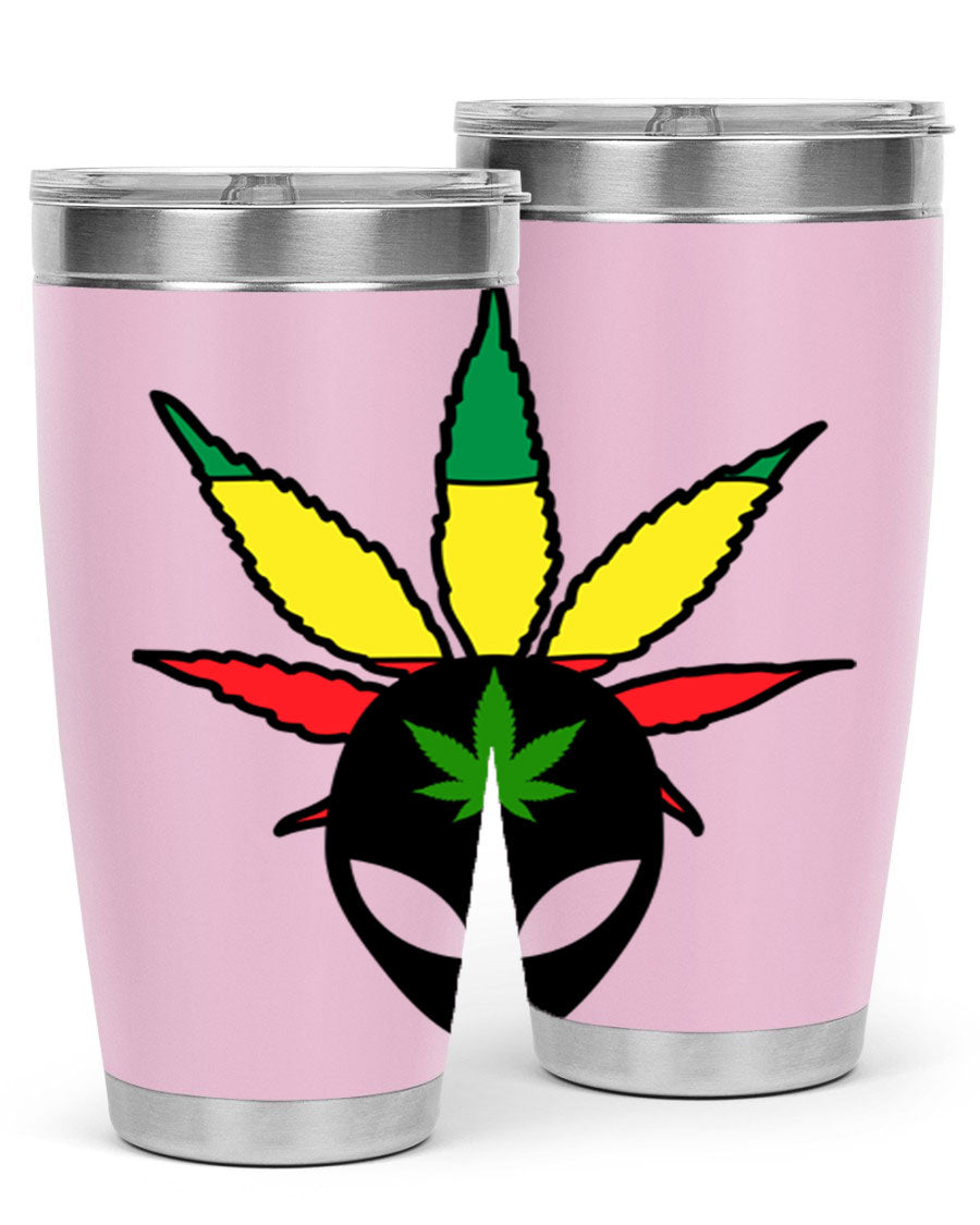 Alien Cannabis 10# Tumbler, a stylish 20oz double wall vacuum stainless steel drinkware with a copper lining and drink-thru lid.